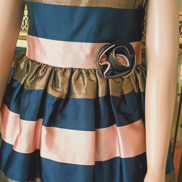 Girl's Navy Stripe Dress 4T Gold Metallic Sleeveless Special Occasion Fully Line - Picture 2 of 7